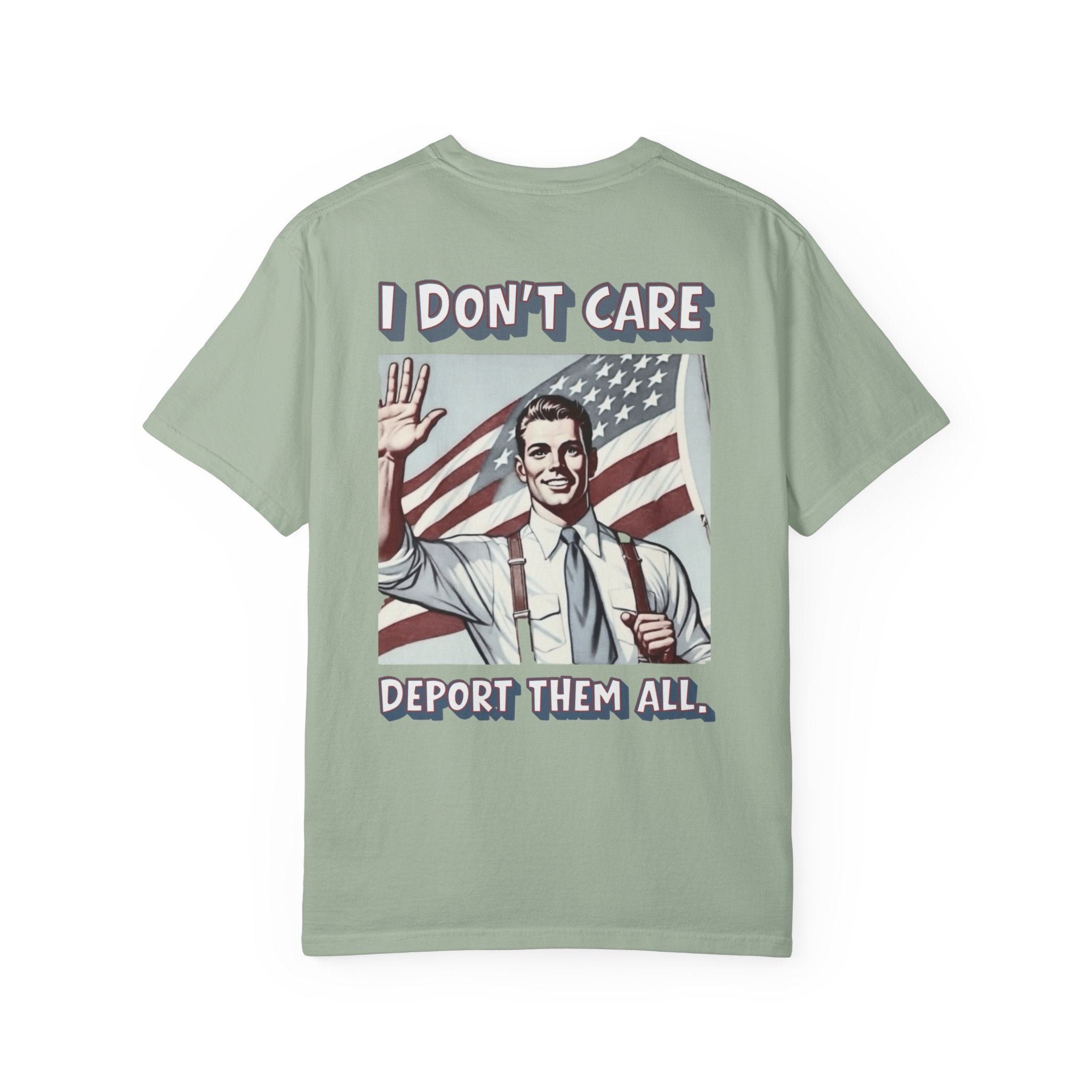 I DON'T CARE DEPORT THEM ALL Graphic T-Shirt — Comic-Inspired American Flag Statement Tee