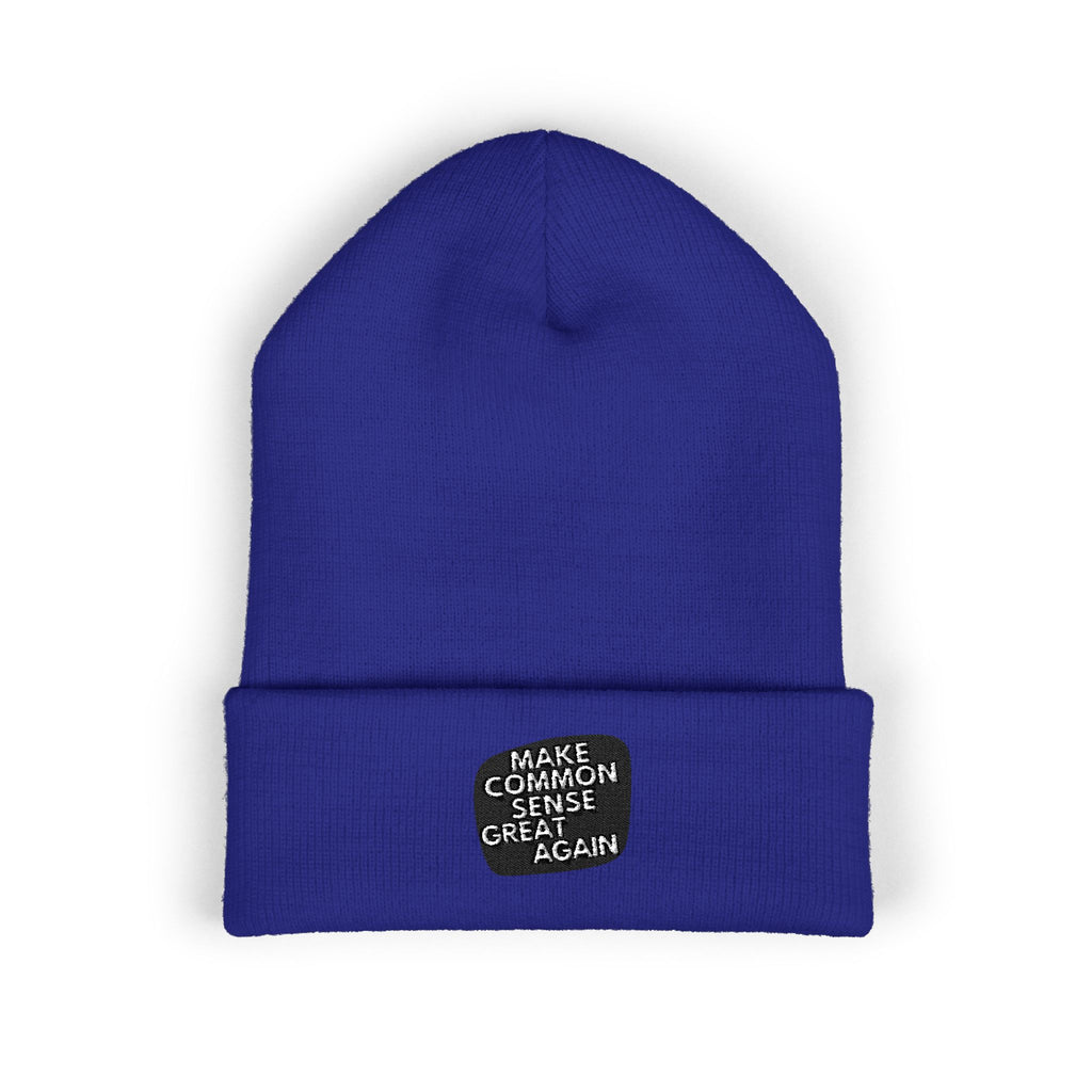 Make Common Sense Great Again Cuffed Beanie | Hand-Drawn Square Script Embroidery