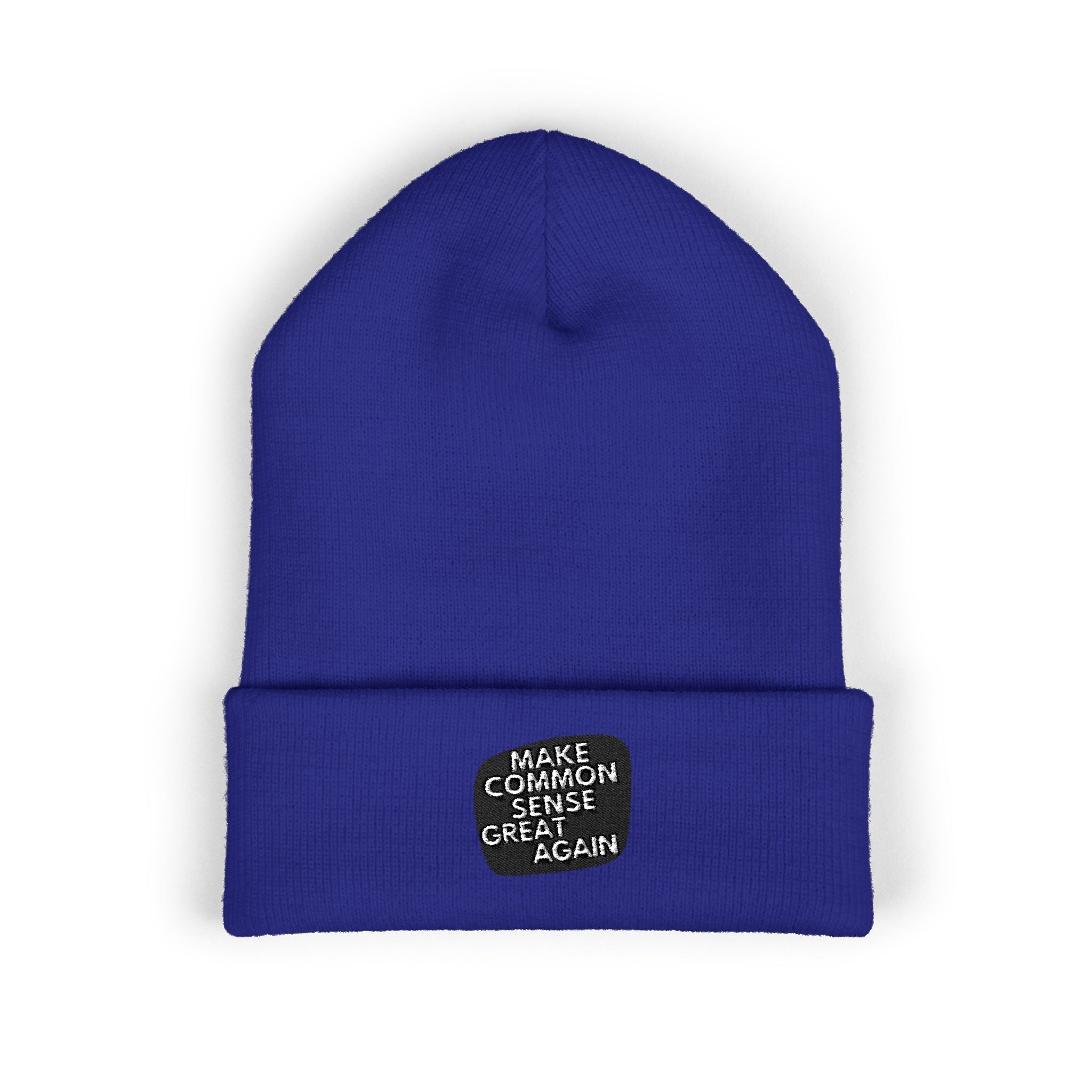 Make Common Sense Great Again Cuffed Beanie | Hand-Drawn Square Script Embroidery