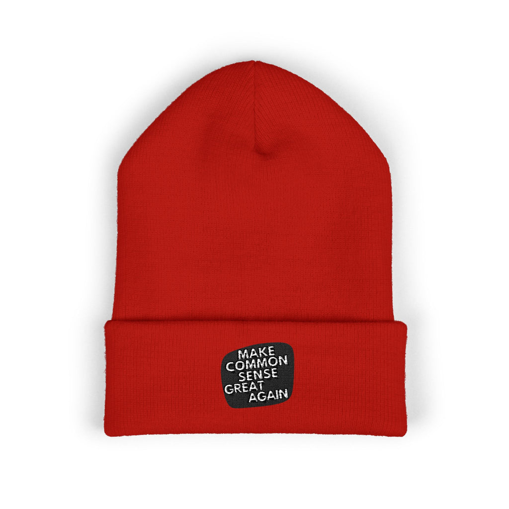 Make Common Sense Great Again Cuffed Beanie | Hand-Drawn Square Script Embroidery