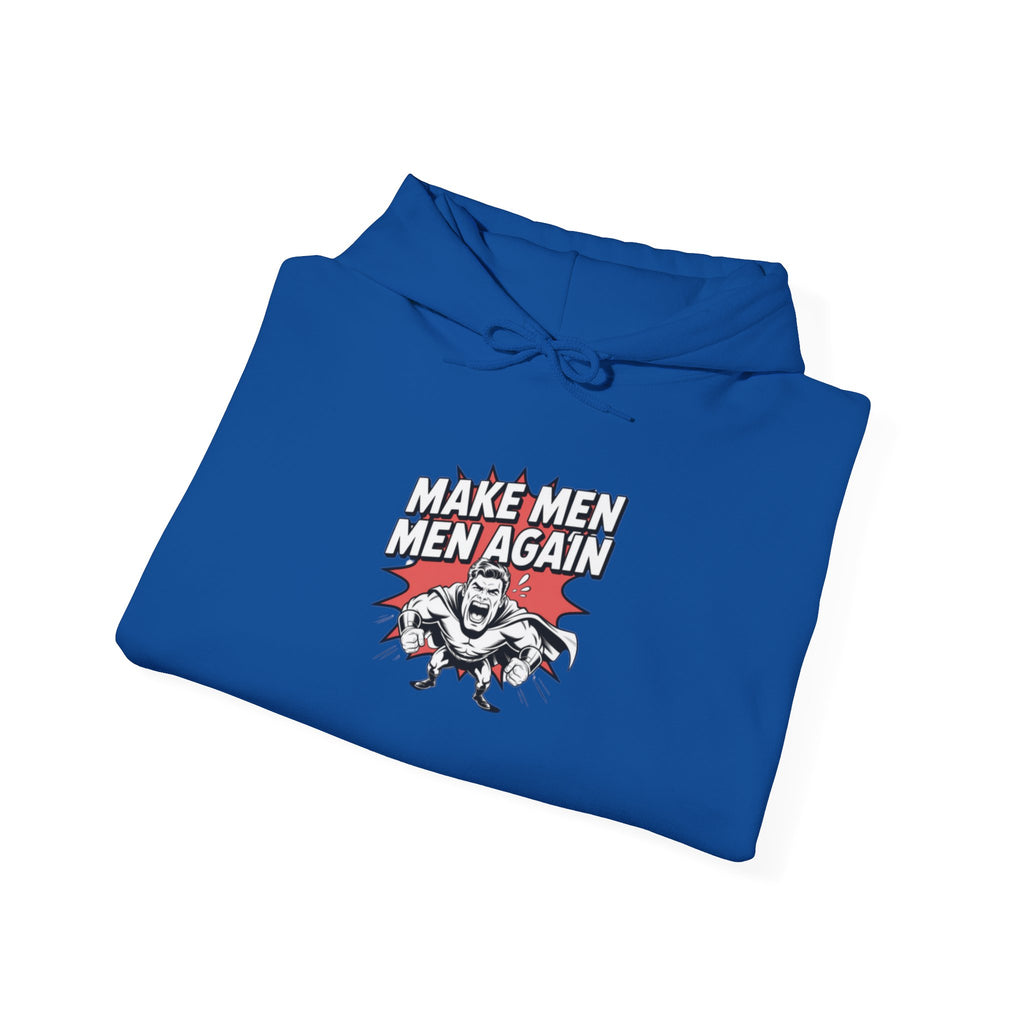Make Men Men Again Hoodie | Funny Conservative Retro Comic Muscle Guy Graphic | Pro Masculinity Anti-Woke Right Wing Pullover Sweatshirt