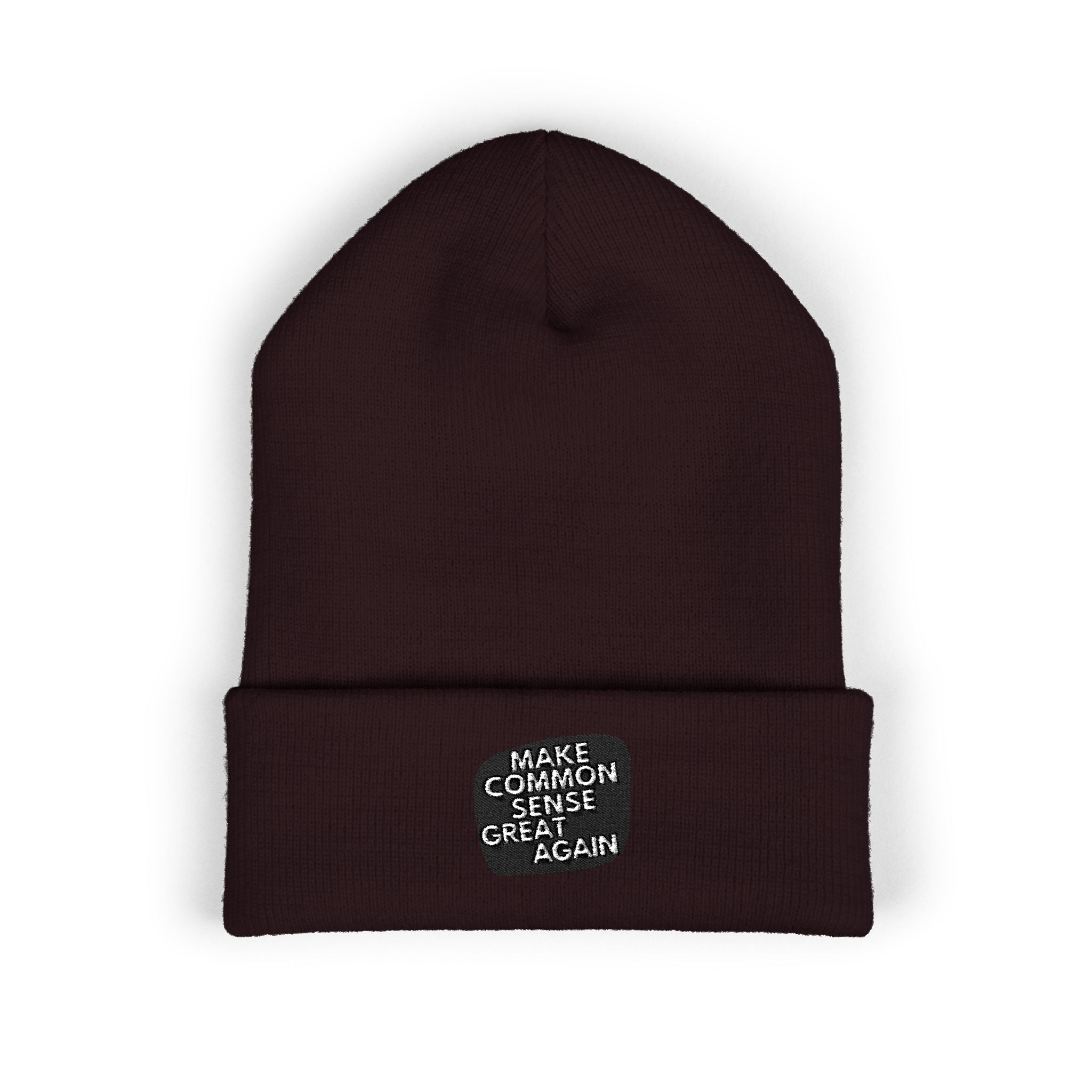 Make Common Sense Great Again Cuffed Beanie | Hand-Drawn Square Script Embroidery