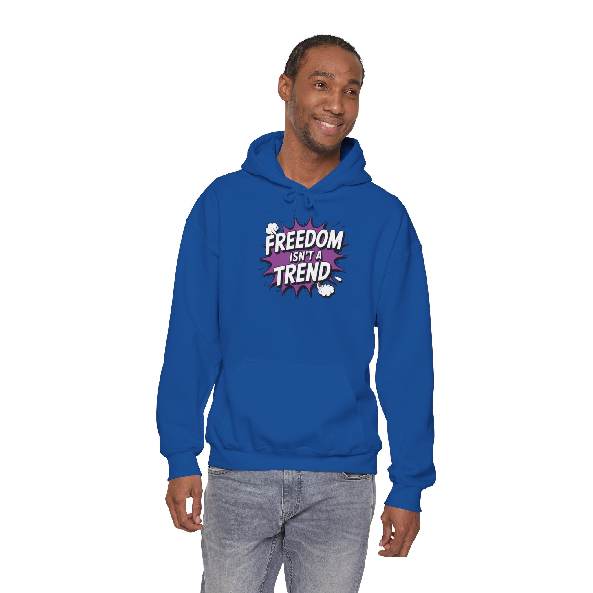 Freedom Isnt a Trend Hoodie | Retro Comic Front Print Pullover | Conservative Free Speech Streetwear | Anti-Woke Graphic Hooded Sweatshirt