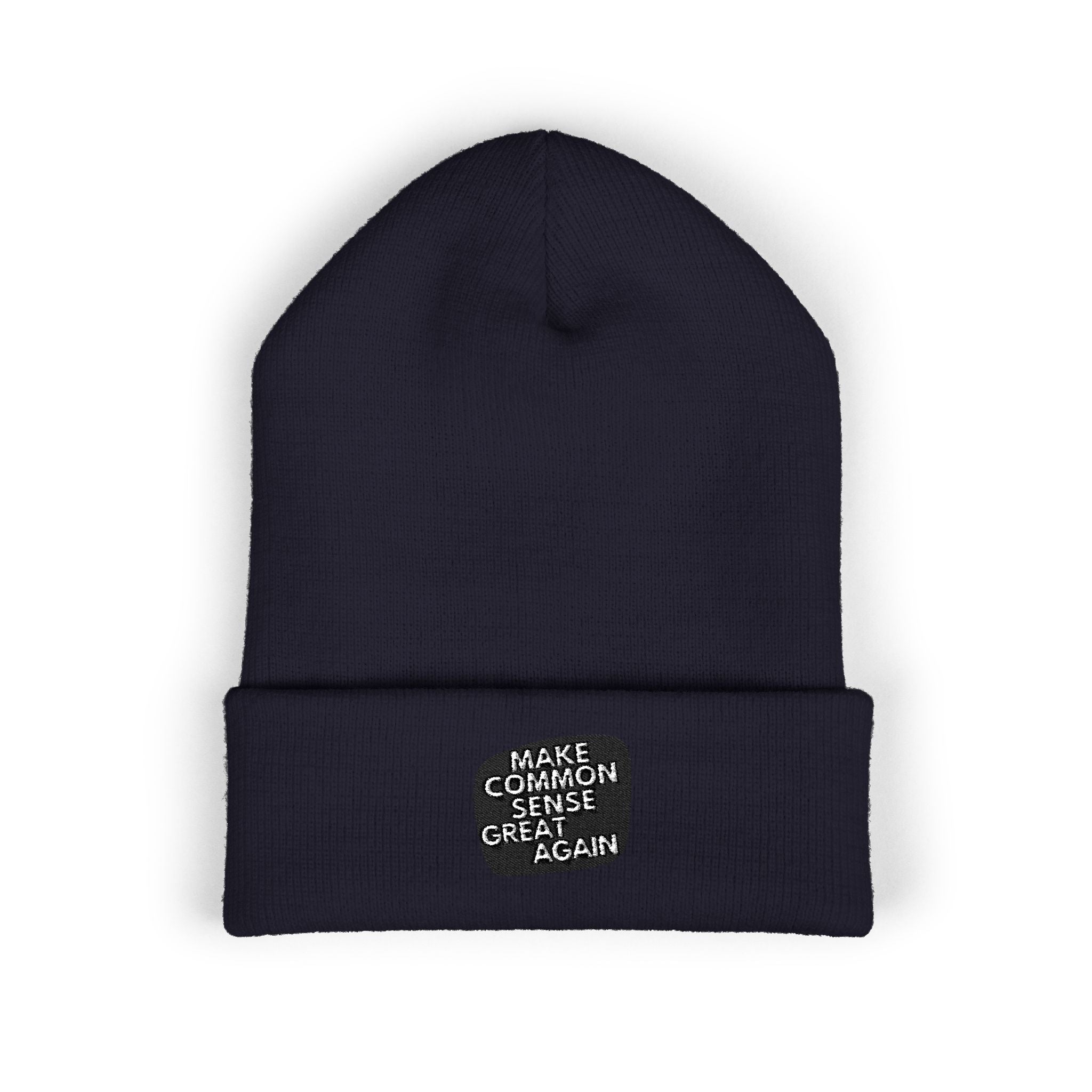 Make Common Sense Great Again Cuffed Beanie | Hand-Drawn Square Script Embroidery