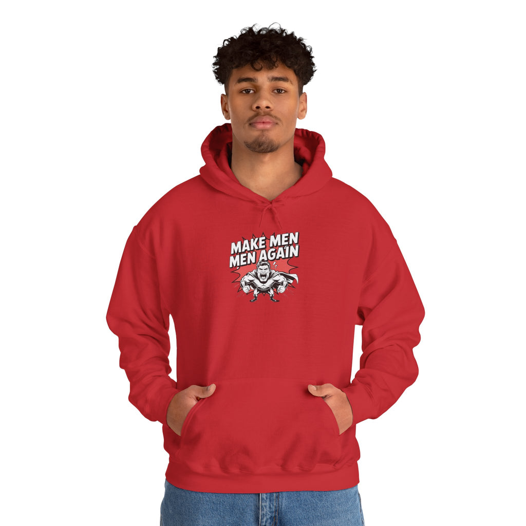 Make Men Men Again Hoodie | Funny Conservative Retro Comic Muscle Guy Graphic | Pro Masculinity Anti-Woke Right Wing Pullover Sweatshirt
