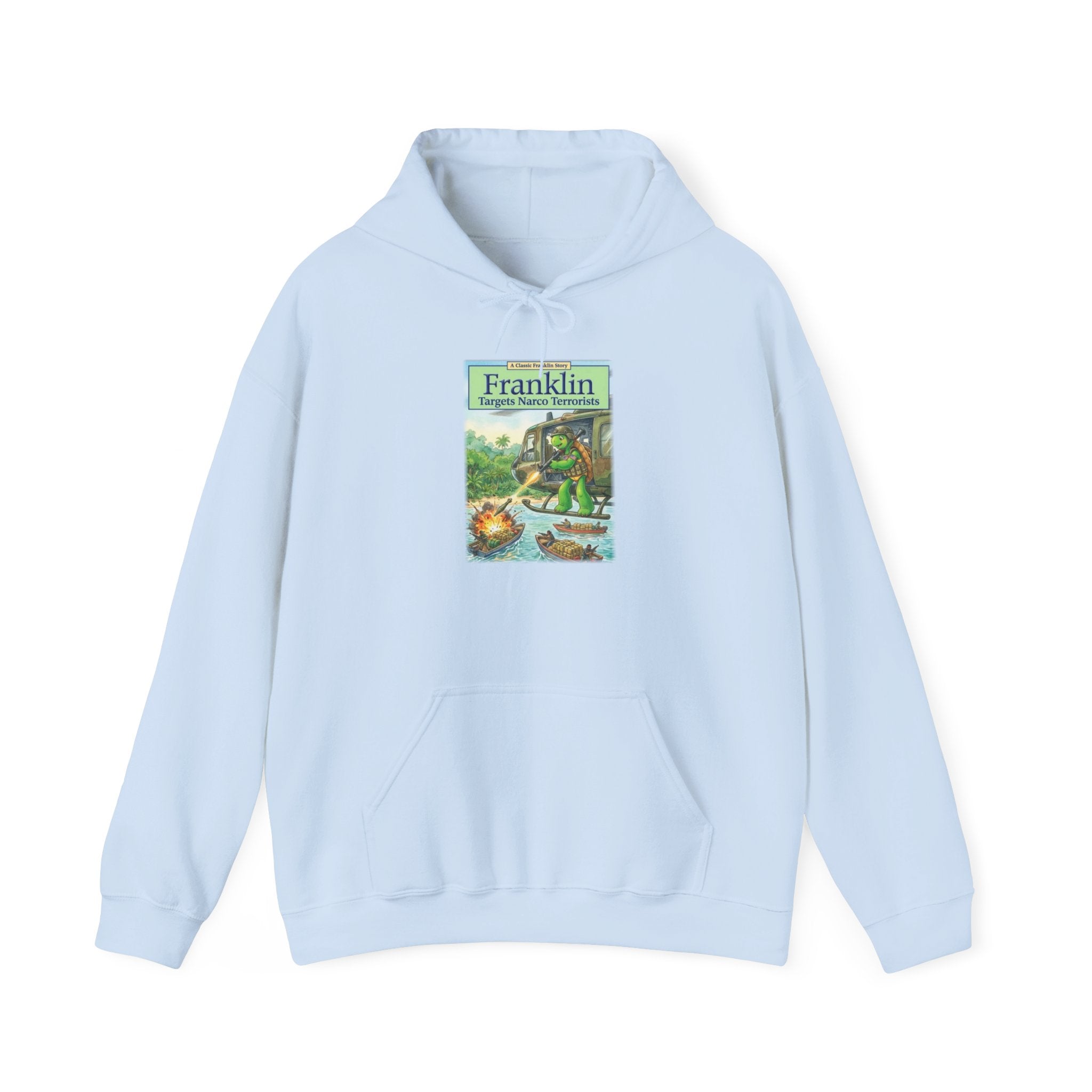 Franklin Targets Narco Terrorists Hoodie | Retro Campsite Turtle Graphic Hoodie