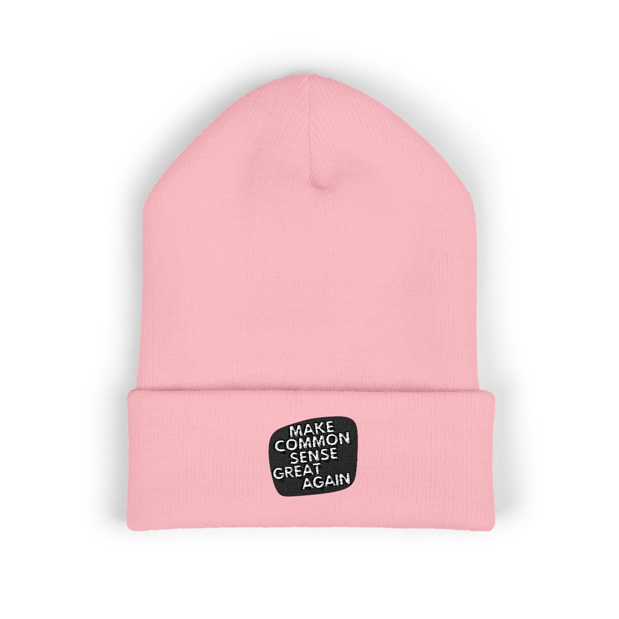 Make Common Sense Great Again Cuffed Beanie | Hand-Drawn Square Script Embroidery