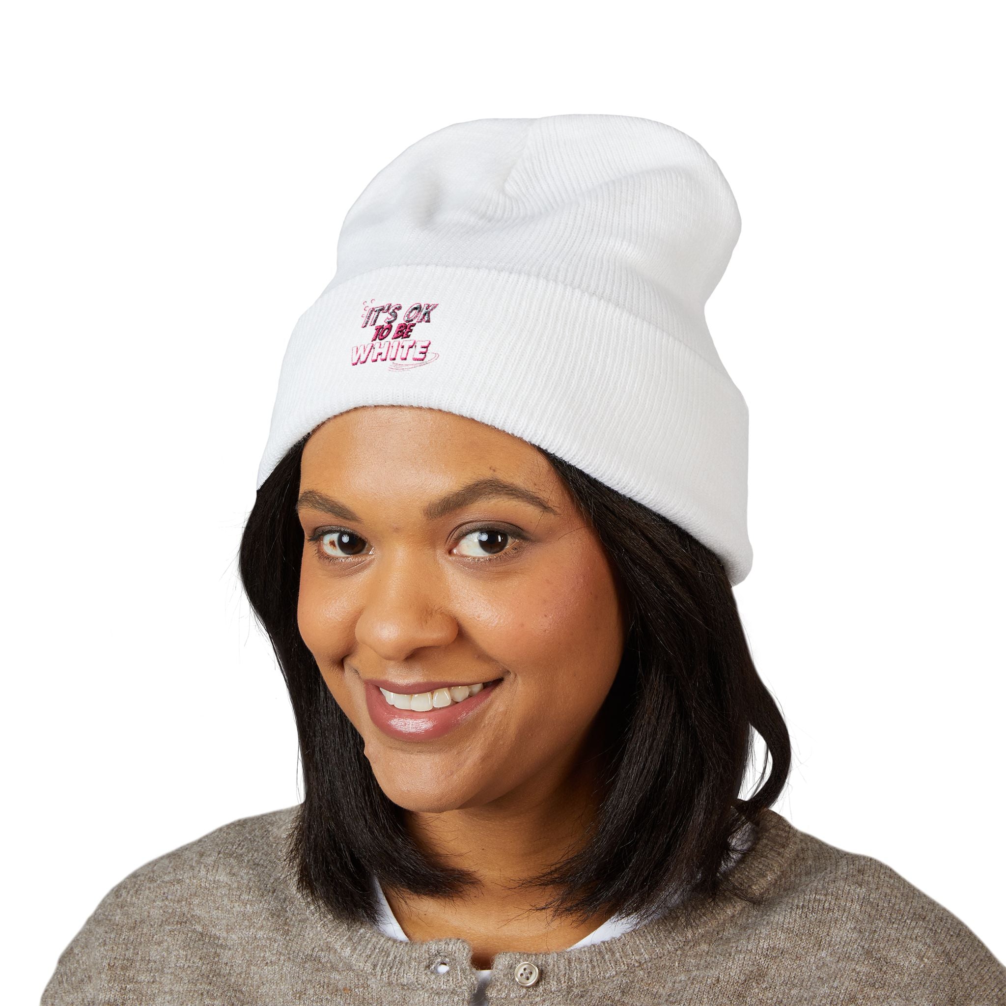 Its OK to Be White Embroidered Beanie | Classic Cuffed Winter Hat