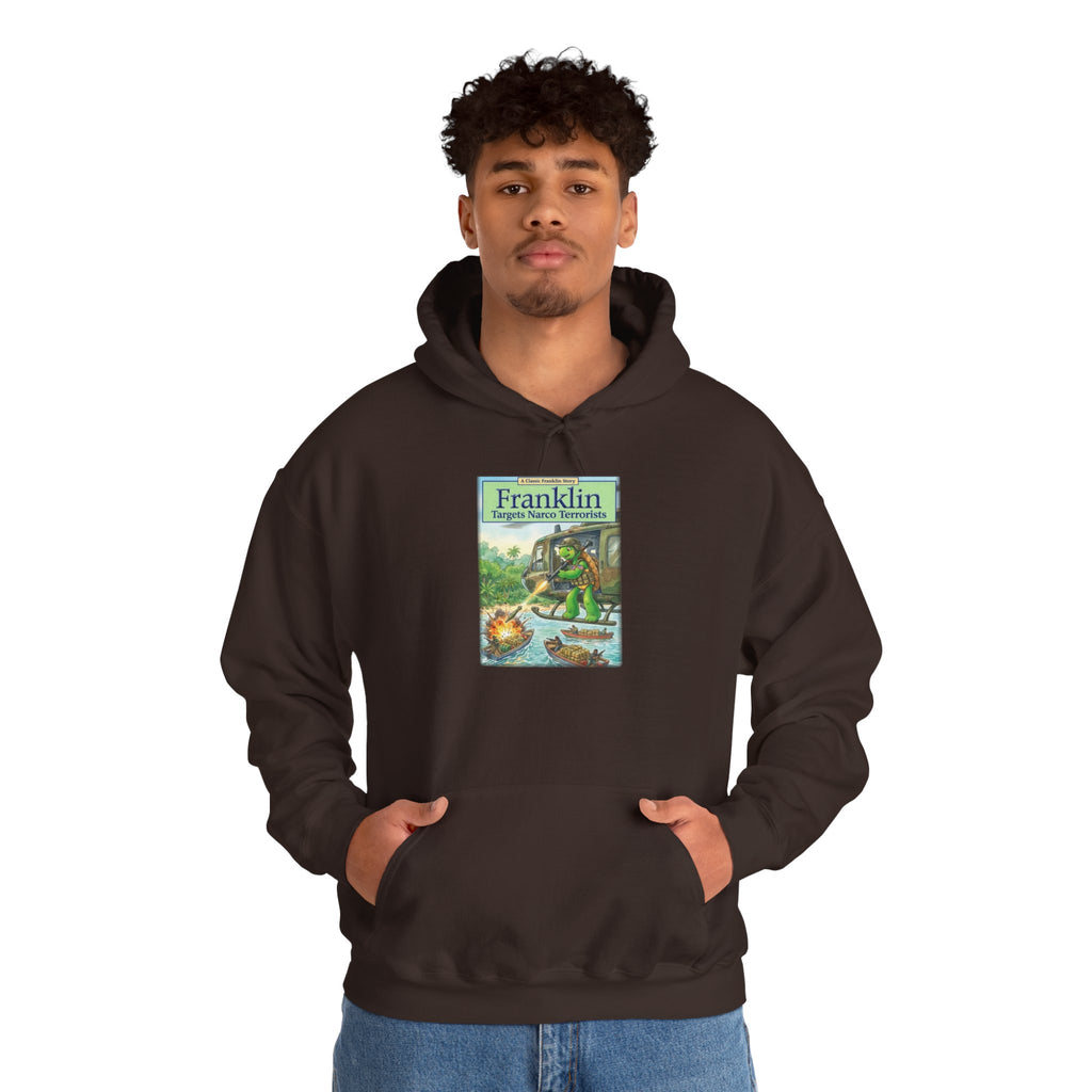 Franklin Targets Narco Terrorists Hoodie | Retro Campsite Turtle Graphic Hoodie