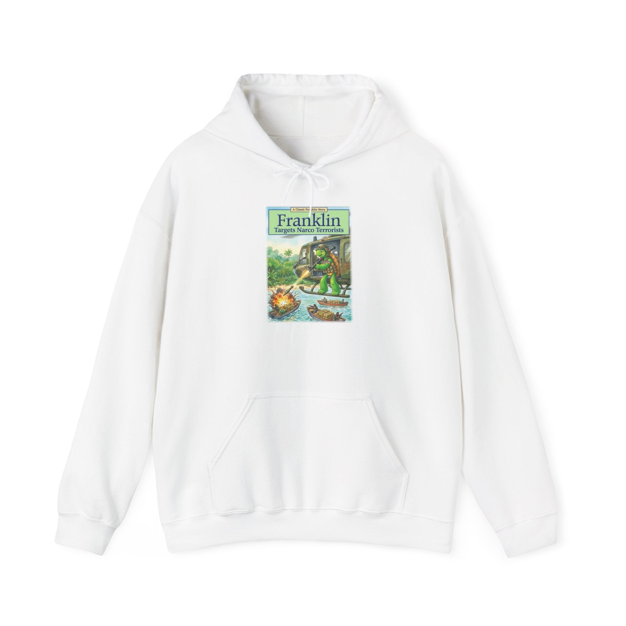 Franklin Targets Narco Terrorists Hoodie | Retro Campsite Turtle Graphic Hoodie