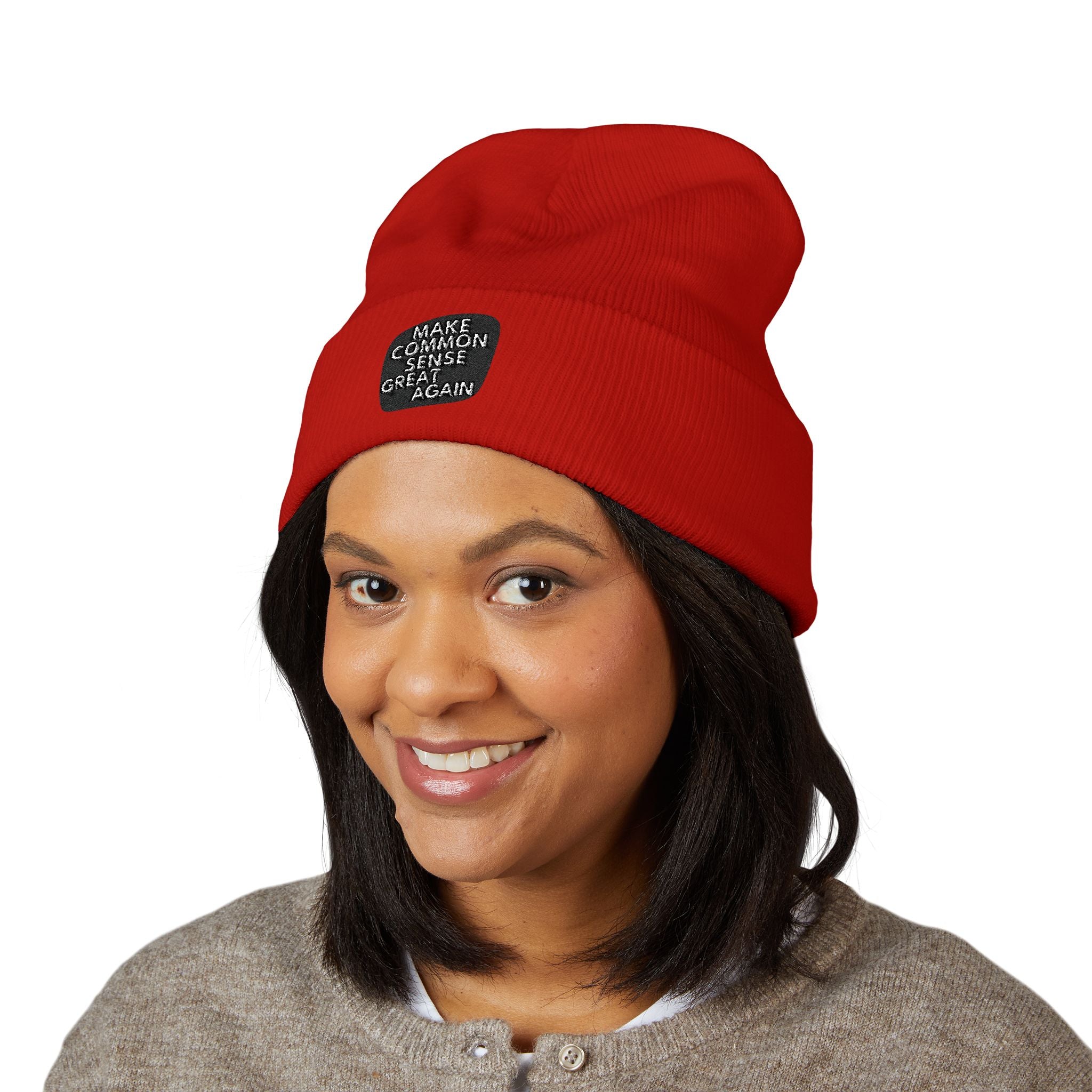 Make Common Sense Great Again Cuffed Beanie | Hand-Drawn Square Script Embroidery