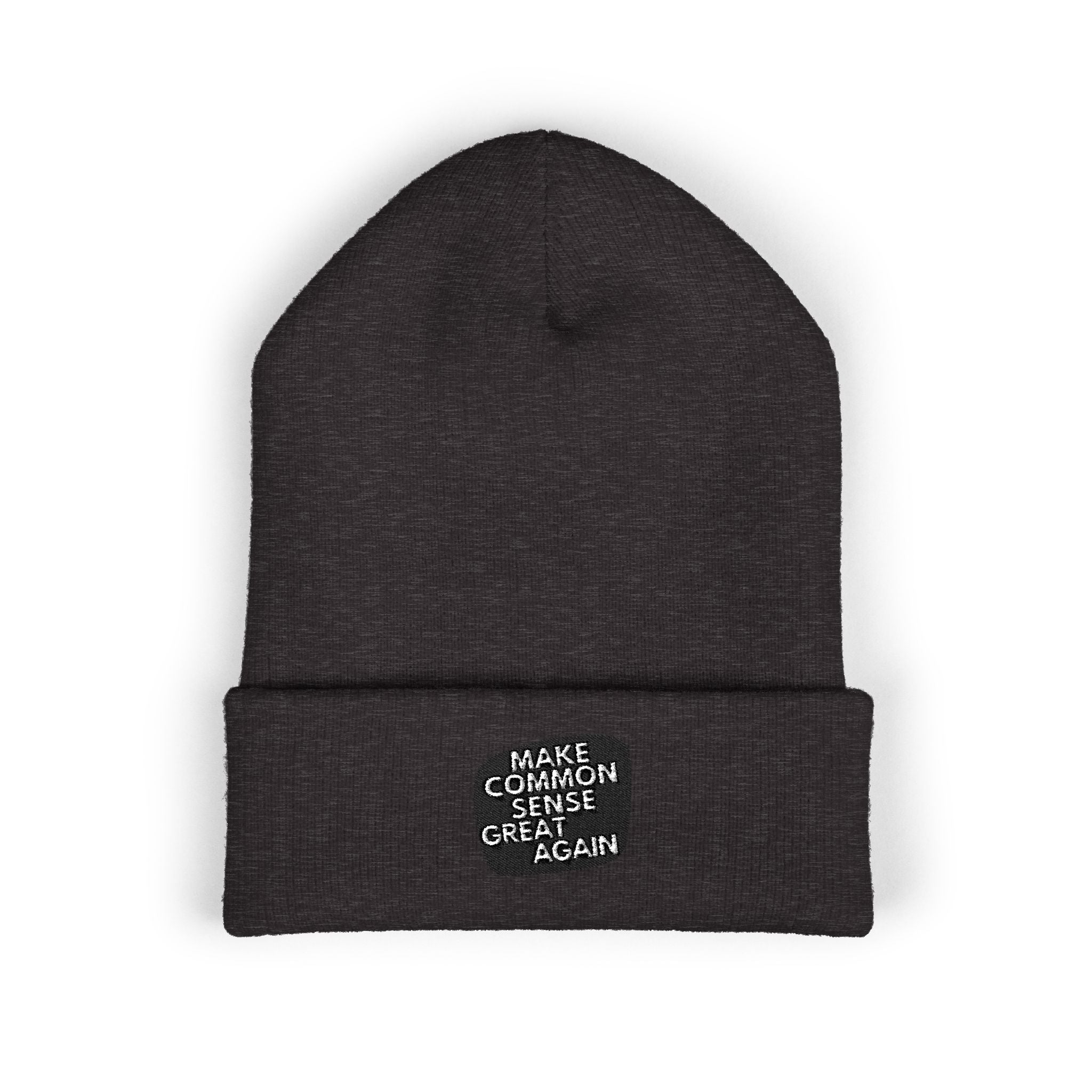 Make Common Sense Great Again Cuffed Beanie | Hand-Drawn Square Script Embroidery