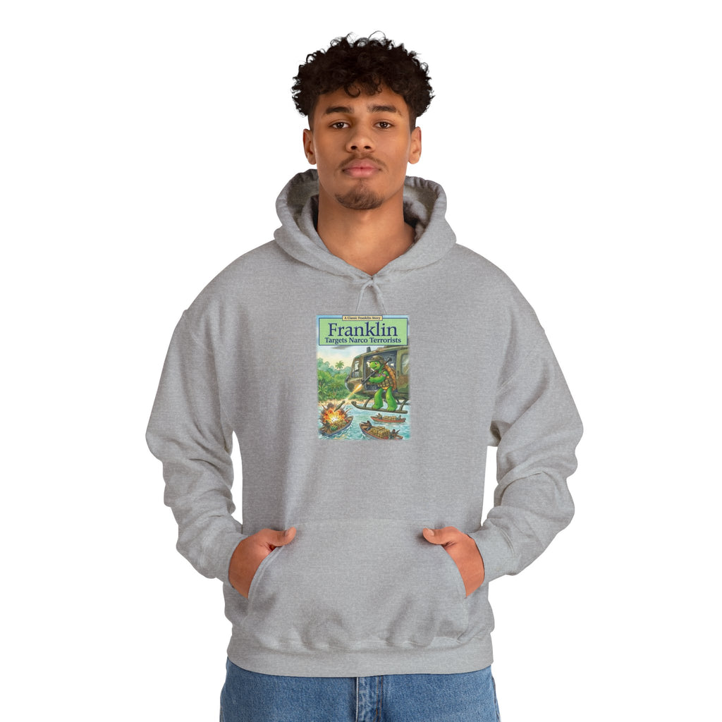 Franklin Targets Narco Terrorists Hoodie | Retro Campsite Turtle Graphic Hoodie