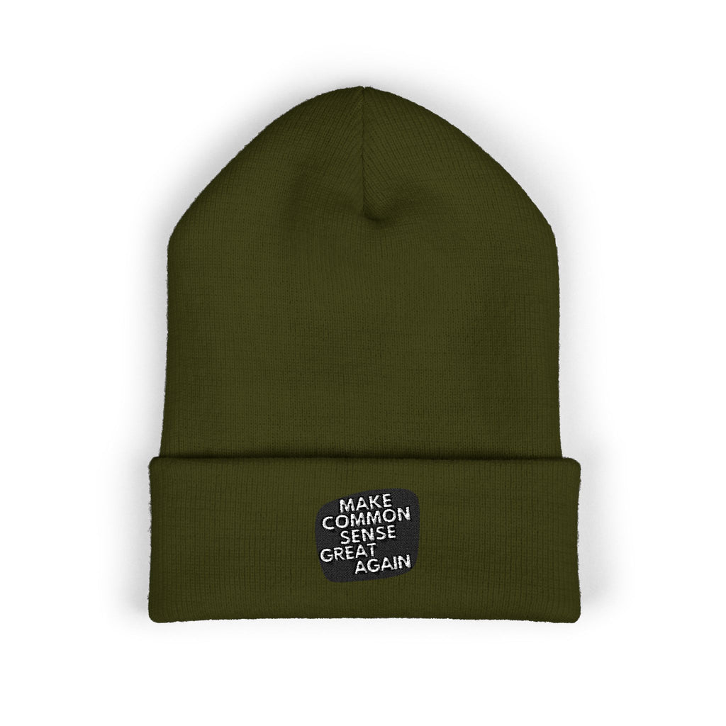 Make Common Sense Great Again Cuffed Beanie | Hand-Drawn Square Script Embroidery