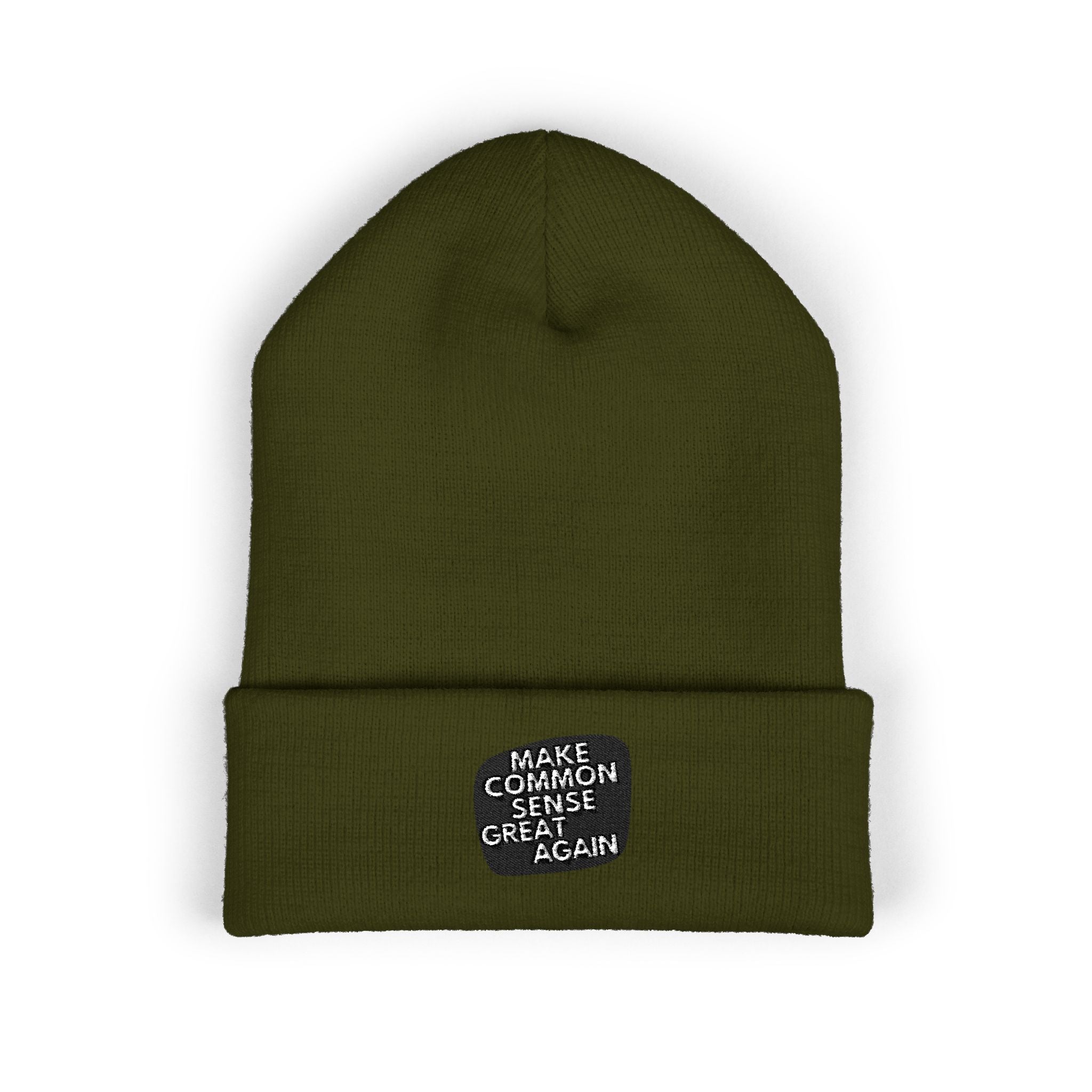 Make Common Sense Great Again Cuffed Beanie | Hand-Drawn Square Script Embroidery