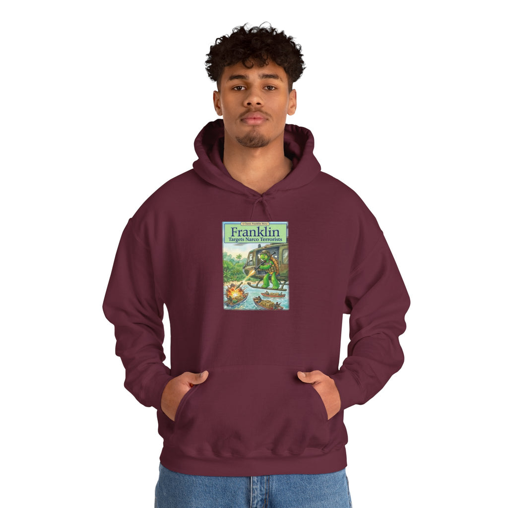 Franklin Targets Narco Terrorists Hoodie | Retro Campsite Turtle Graphic Hoodie
