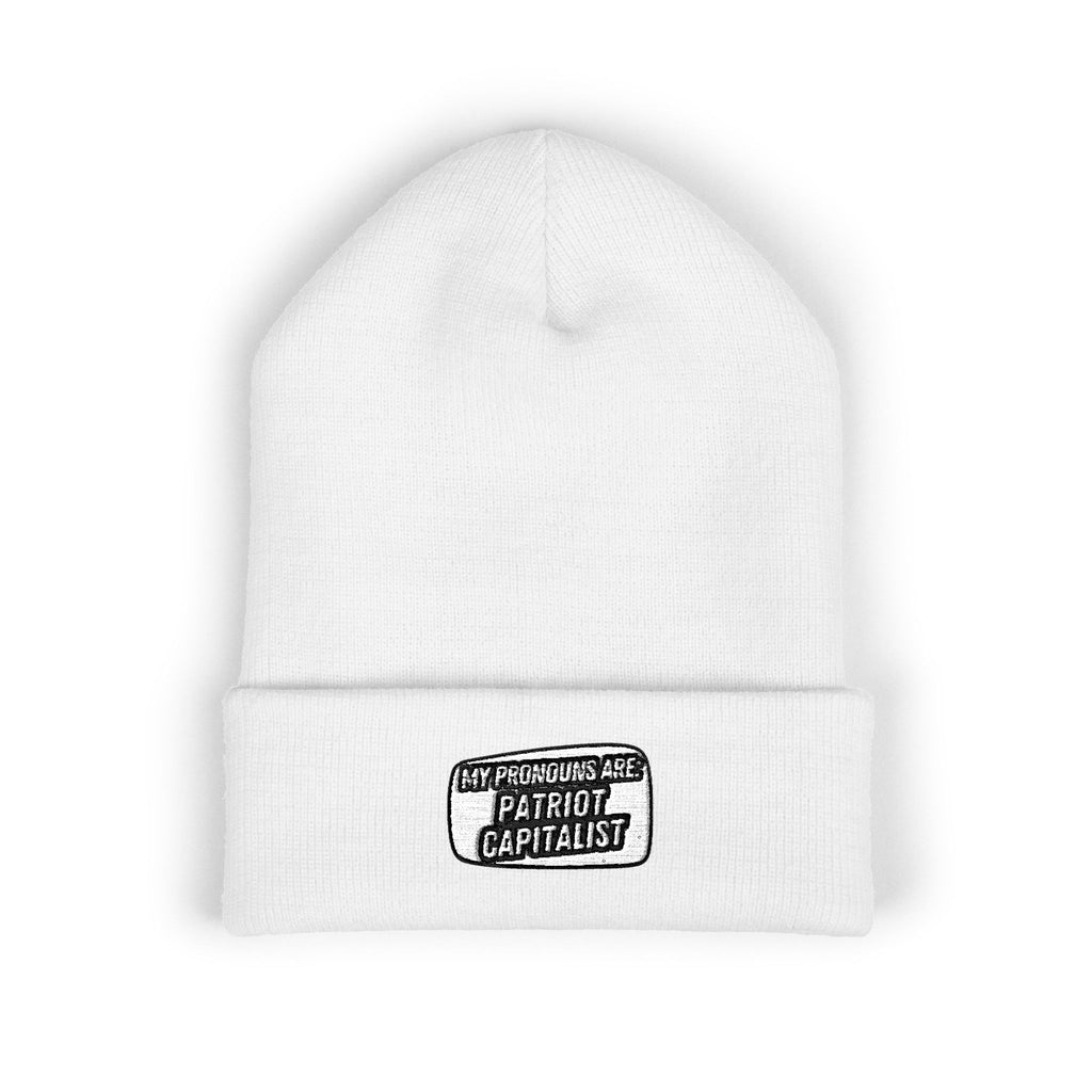 My Pronouns Are Patriot / Capitalist Beanie | Funny Conservative Winter Hat | Anti-Woke Cuffed Knit Cap | Republican Gift for Him