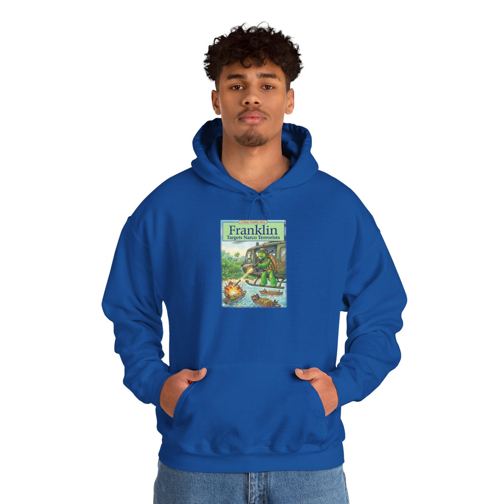 Franklin Targets Narco Terrorists Hoodie | Retro Campsite Turtle Graphic Hoodie