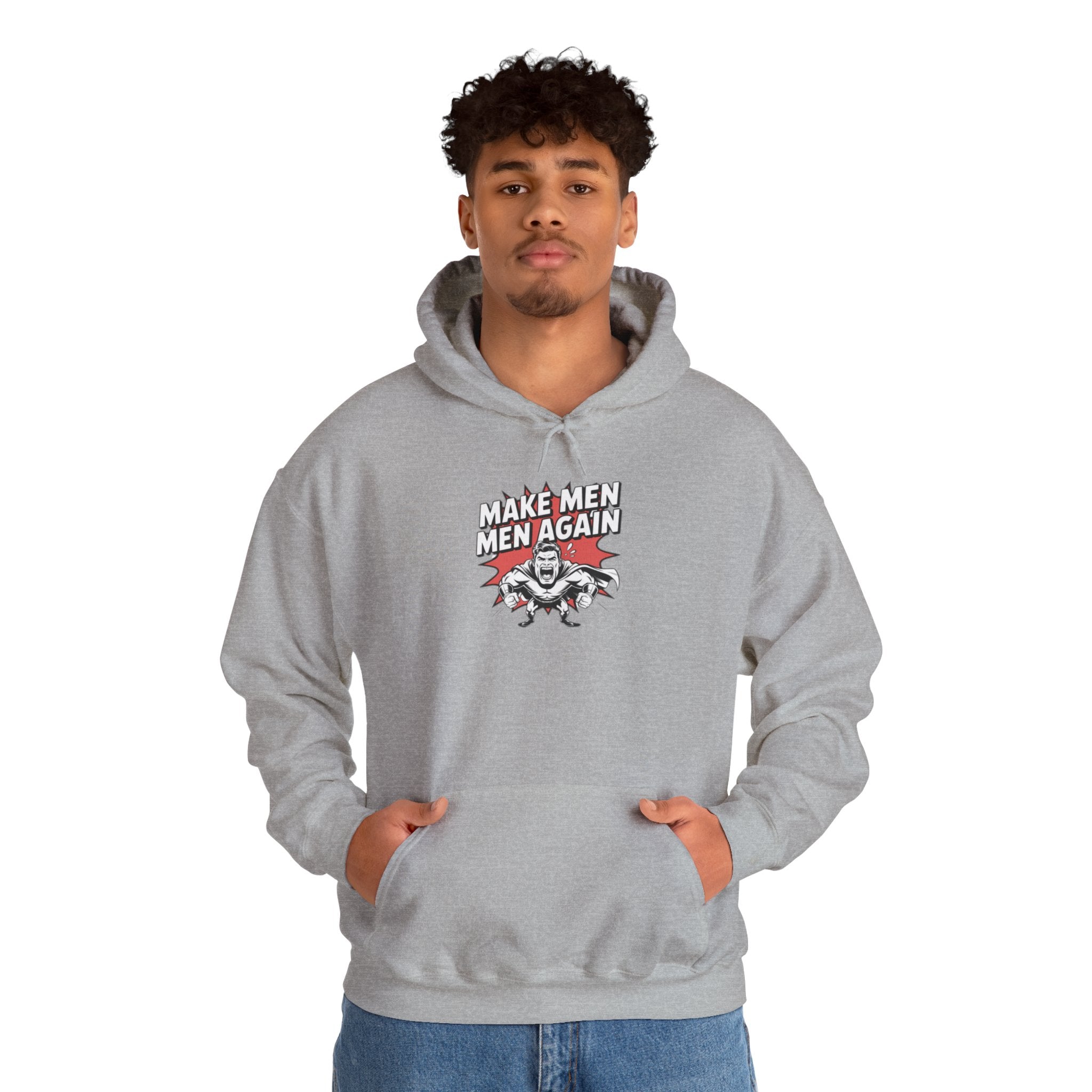 Make Men Men Again Hoodie | Funny Conservative Retro Comic Muscle Guy Graphic | Pro Masculinity Anti-Woke Right Wing Pullover Sweatshirt