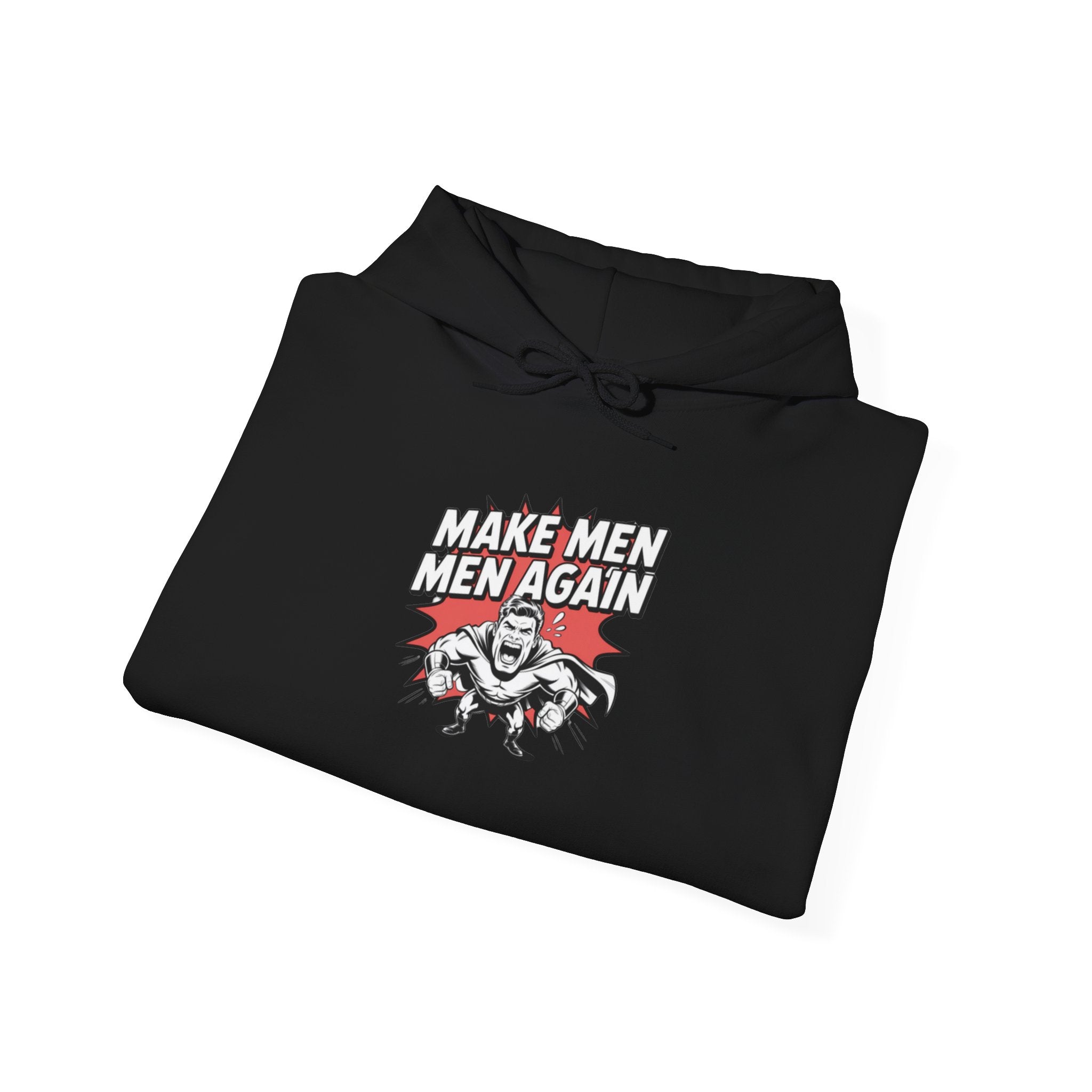 Make Men Men Again Hoodie | Funny Conservative Retro Comic Muscle Guy Graphic | Pro Masculinity Anti-Woke Right Wing Pullover Sweatshirt