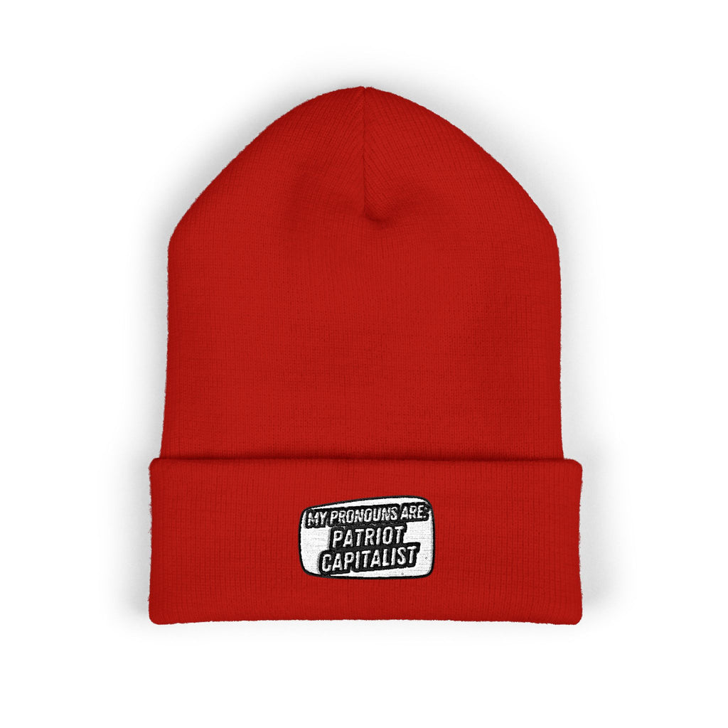 My Pronouns Are Patriot / Capitalist Beanie | Funny Conservative Winter Hat | Anti-Woke Cuffed Knit Cap | Republican Gift for Him