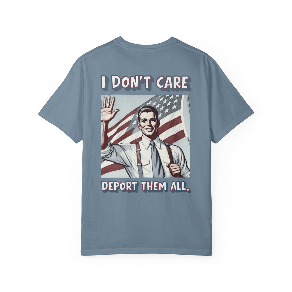 I DON'T CARE DEPORT THEM ALL Graphic T-Shirt — Comic-Inspired American Flag Statement Tee