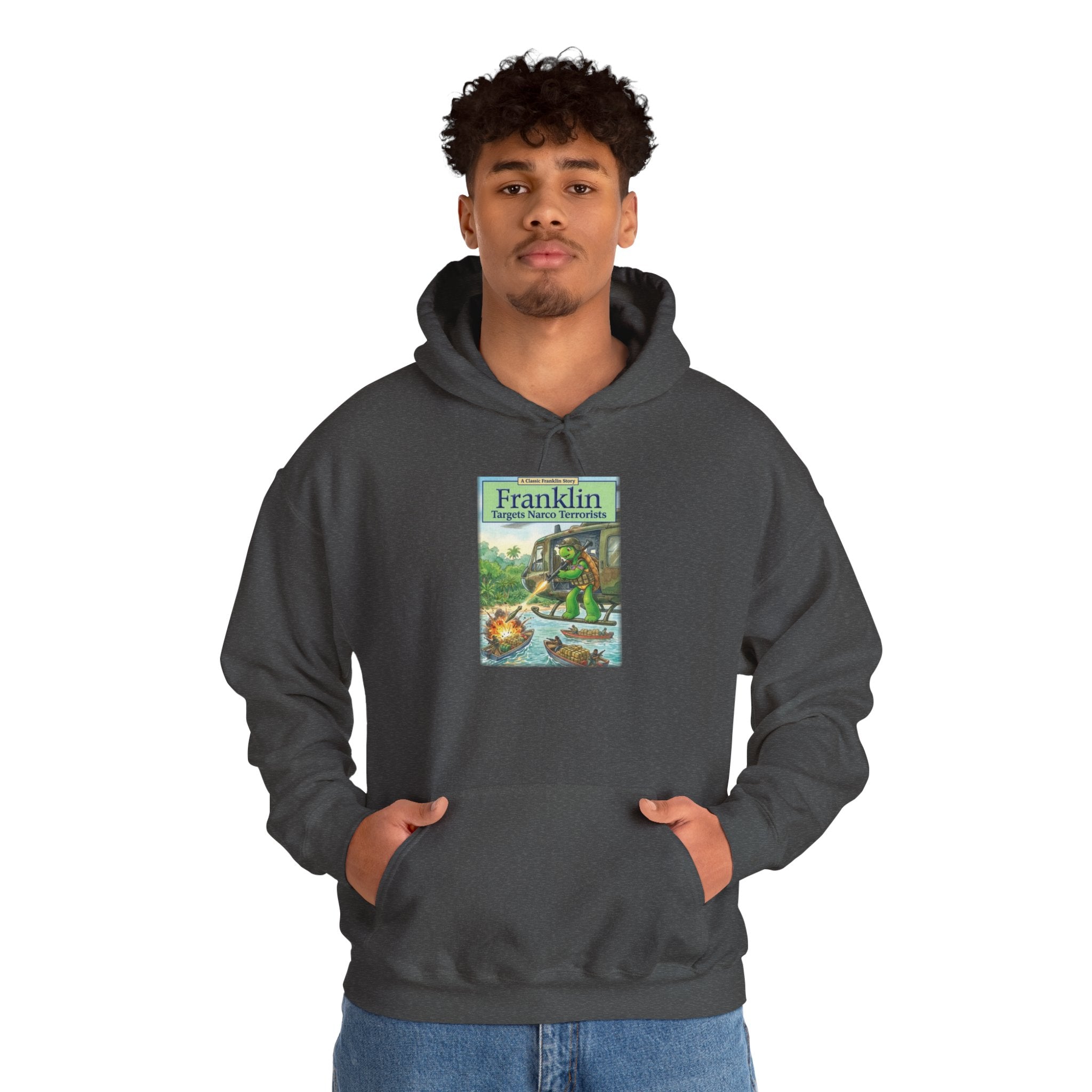 Franklin Targets Narco Terrorists Hoodie | Retro Campsite Turtle Graphic Hoodie