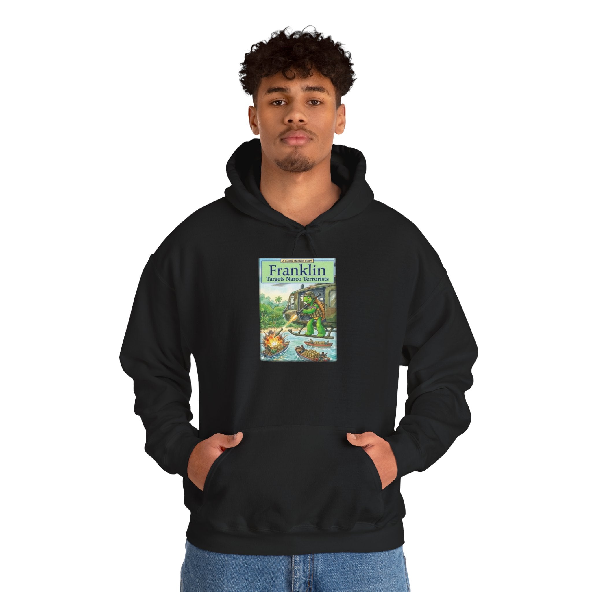 Franklin Targets Narco Terrorists Hoodie | Retro Campsite Turtle Graphic Hoodie