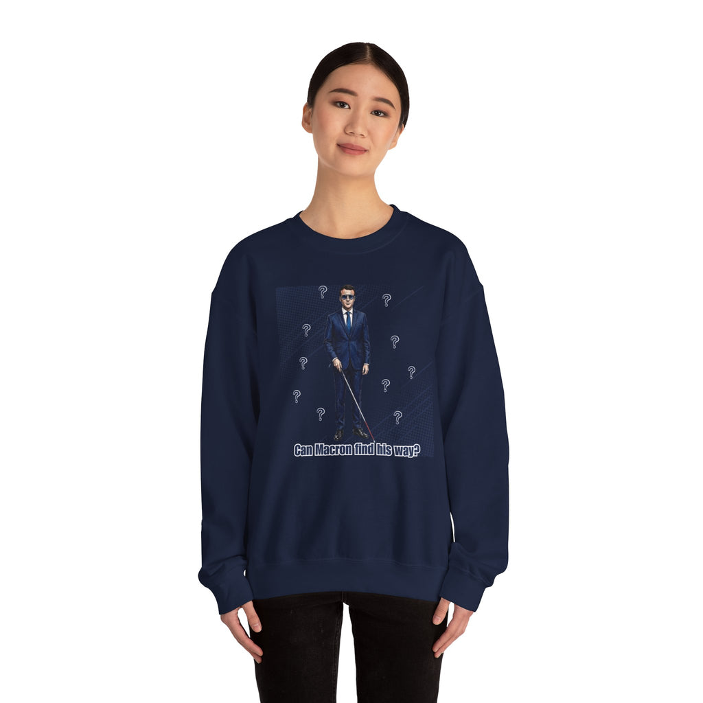 Can Macron Find His Way? Crewneck Sweatshirt | Political Satire Macron Aviator Graphic