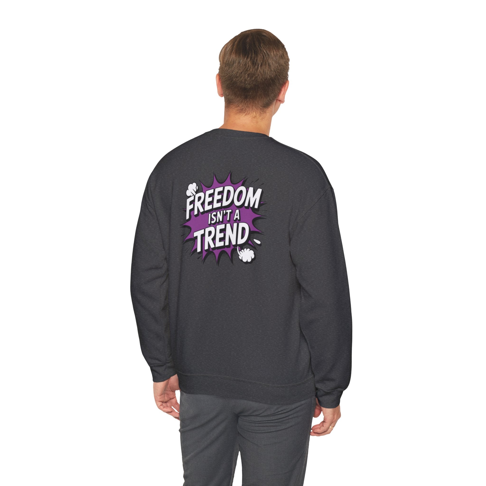Freedom Isnt a Trend Sweatshirt | Retro Comic Back Print Crewneck | Conservative Free Speech Jumper | Anti-Woke Graphic Pullover