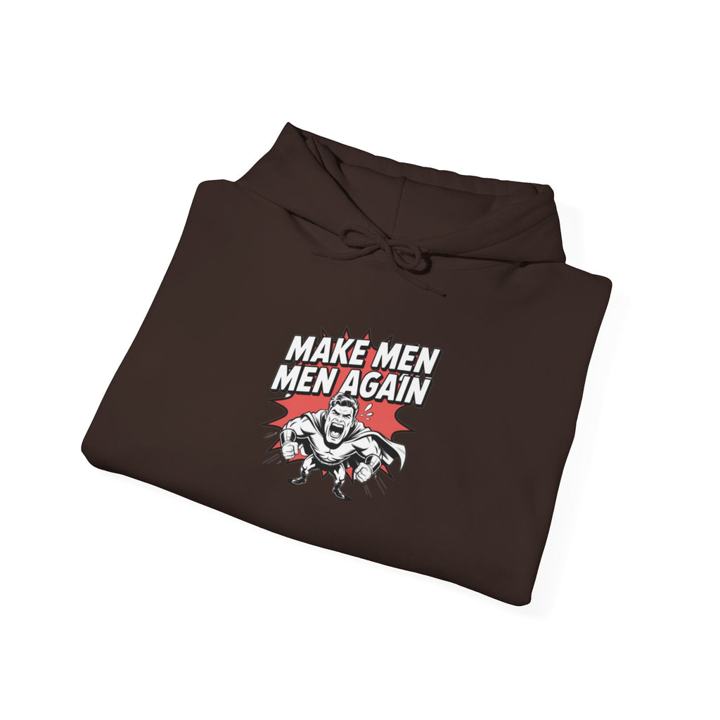 Make Men Men Again Hoodie | Funny Conservative Retro Comic Muscle Guy Graphic | Pro Masculinity Anti-Woke Right Wing Pullover Sweatshirt