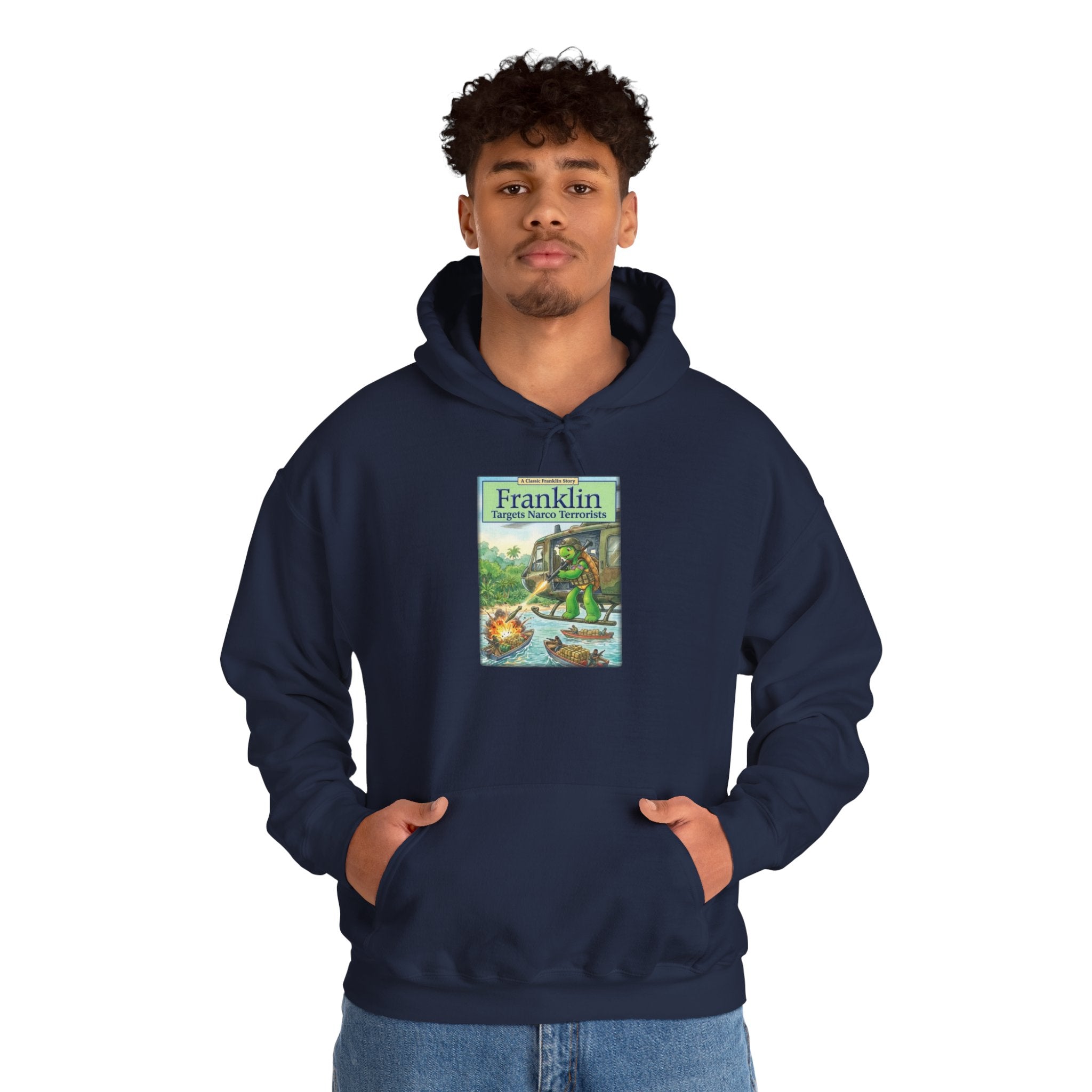 Franklin Targets Narco Terrorists Hoodie | Retro Campsite Turtle Graphic Hoodie