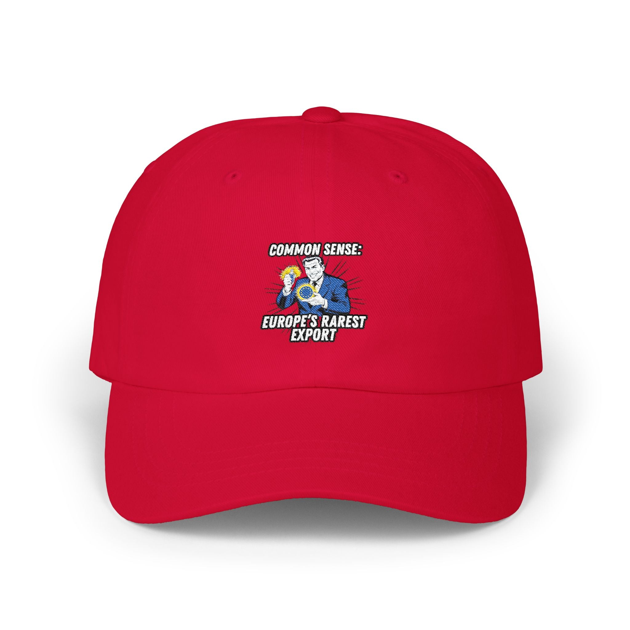 Common Sense Europes Rarest Export Dad Cap | Funny Conservative Retro Europe Graphic Hat | Political Satire Anti-EU Right Wing Baseball Cap